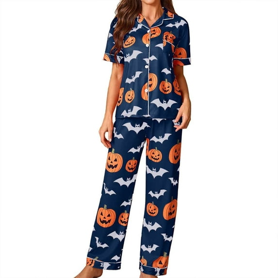 Womens Pajama Sets Cozy Nights Halloween Stylish Cardigan Print Short Sleeve Shirt Long Pants Comfortable Sleepwear Loungewear Nightwear Nightclothes Homewear