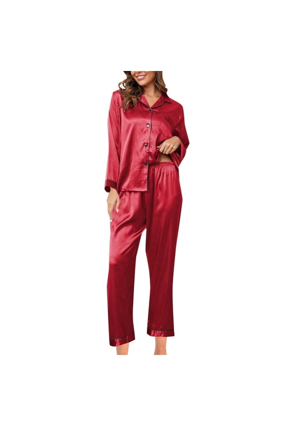 Womens Pajama Sets – Cozy Two Piece Lounge for Postpartum Recovery or Evening Sleepwear Women's Fashionable Set Silk Pajamas 2 Satin Long Sleeve Button Down Casual Suit With Pants