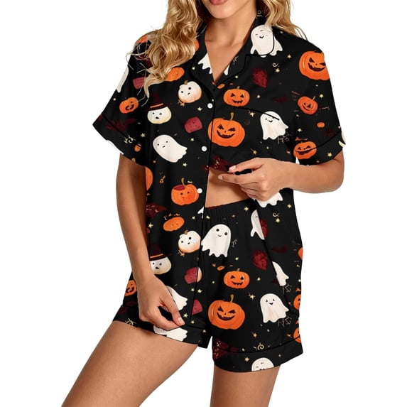 Womens Pajama Sets Cute Pumpkin Satin Button Short Sleeve Short Pant Pajama Sets for Women 2 Piece