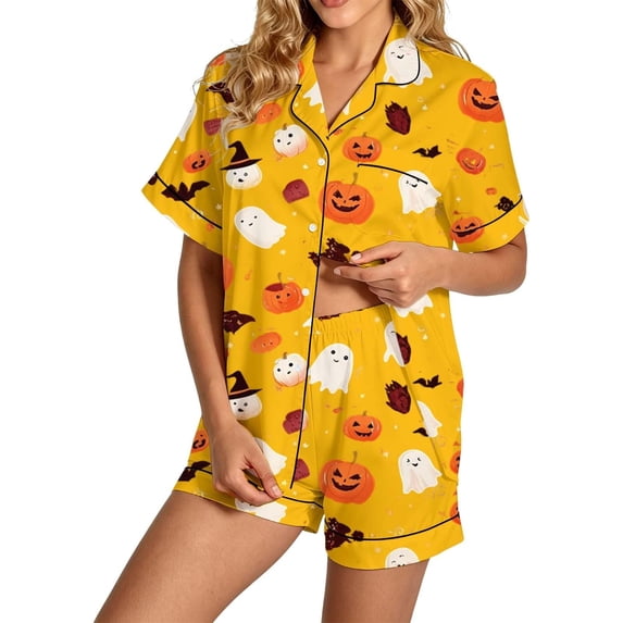 Womens Pajama Sets Cute Pumpkin Satin Button Short Sleeve Short Pant Pajama Sets for Women 2 Piece