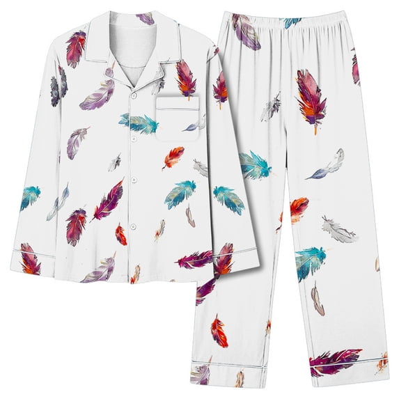Womens Pajama Sets Fashion Print Long Sleeve Button Up Lapel Shirt and Pj Bottoms 2 Piece Sleepwear Pants Set (2XL, White)