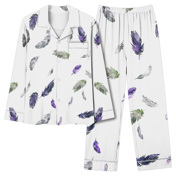 Womens Pajama Sets Fashion Print Long Sleeve Button Up Lapel Shirt and Pj Bottoms 2 Piece Sleepwear Pants Set (3XL, White 04)