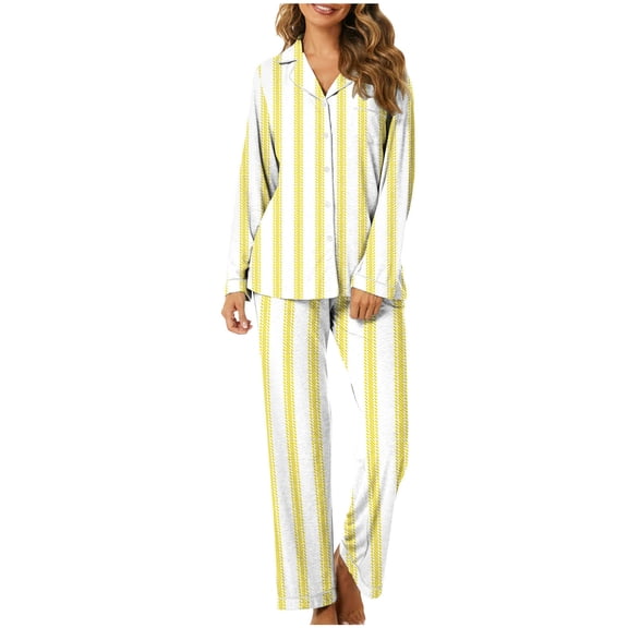 Womens Pajama Sets Fashion Print Long Sleeve Button Up Lapel Shirt and Pj Bottoms 2 Piece Sleepwear Pants Set (L, Yellow Striped)