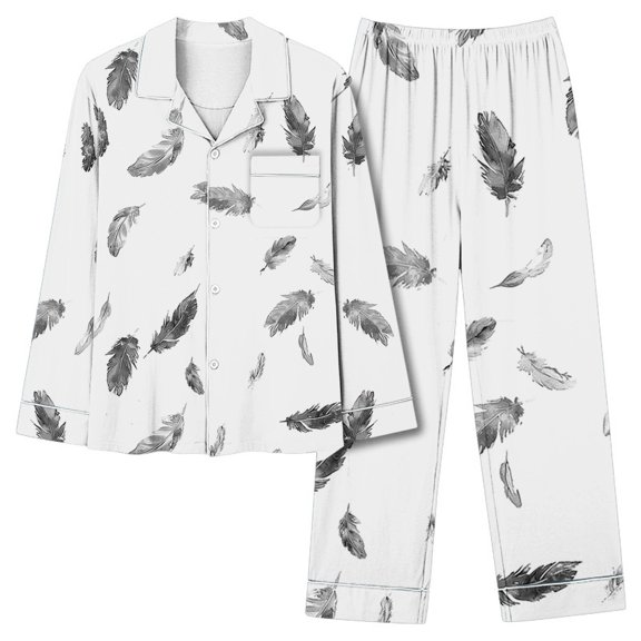 Womens Pajama Sets Fashion Print Long Sleeve Button Up Lapel Shirt and Pj Bottoms 2 Piece Sleepwear Pants Set (M, White 02)