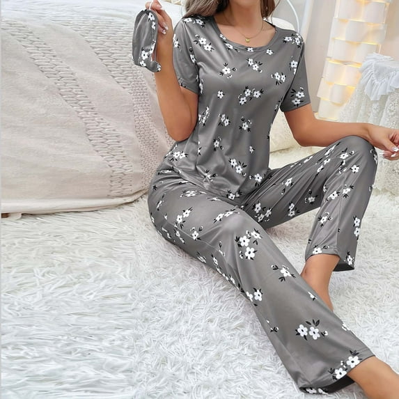 Womens Pajama Sets Fashion Women Round Neck Printing Long Sleeved Top Elastic Waist Bandage Long Pants Eye Patch Pajama Set Women Pjs Sets Pajamas for Women