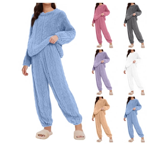 Womens Pajama Sets Fuzzy Pajamas Winter Warm Loungewear Soft Fleece Pjs 2 Piece Lady Plush Sleepwear Lounge Sets,Blue One Size