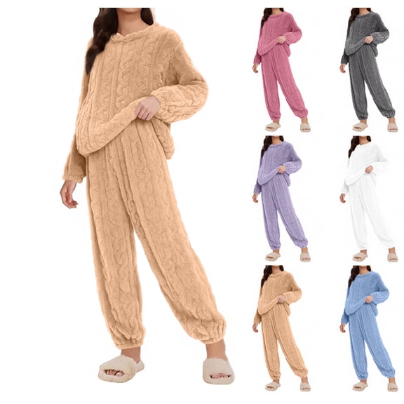 Womens Pajama Sets Fuzzy Pajamas Winter Warm Loungewear Soft Fleece Pjs 2 Piece Lady Plush Sleepwear Lounge Sets,Coffee One Size