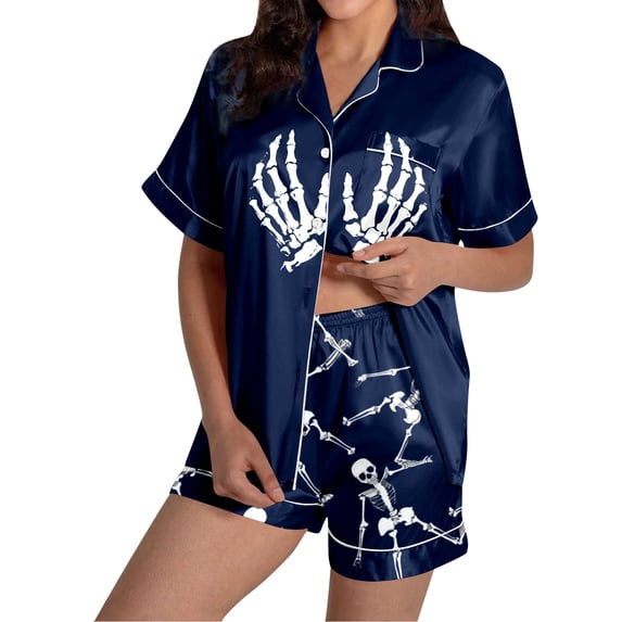 Womens Pajama Sets Halloween Abstract Print Silk Satshort Sleeve Button Sleepwear Loungewear Nightwear Nightclothes Homewear