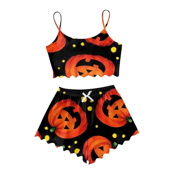 Womens Pajama Sets Halloween Cartoon Print Pajama Shorts Set Sleepwear Loungewear Nightwear Nightclothes Homewear
