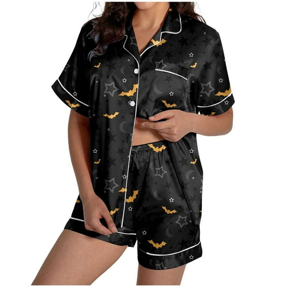 Womens Pajama Sets Halloween Print Shorts Pjs Sets Sleepwear Gold 2XL