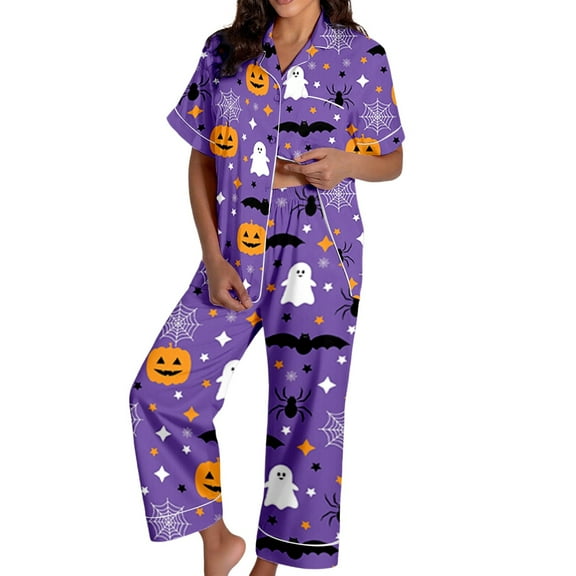 Womens Pajama Sets Halloween Pumpkprint Short Sleeve Shirts Long Pants Sleepwear Loungewear Nightwear Nightclothes Homewear