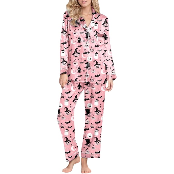 Womens Pajama Sets Halloween Satin Button Down Full Length Pant 2pc Nightwear Halloween Pajamas for Women Set Pink M