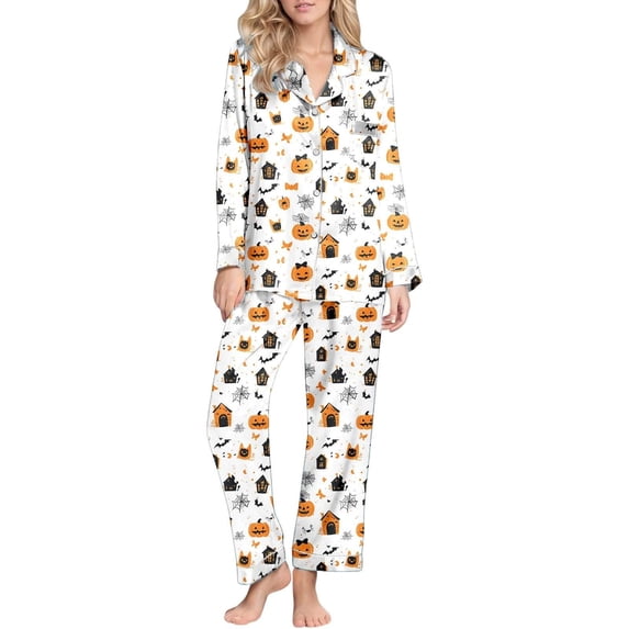 Womens Pajama Sets Halloween Satin Button Down Long Pant 2pc Fall Sleepwear Halloween Pajamas for Women Set Beige L