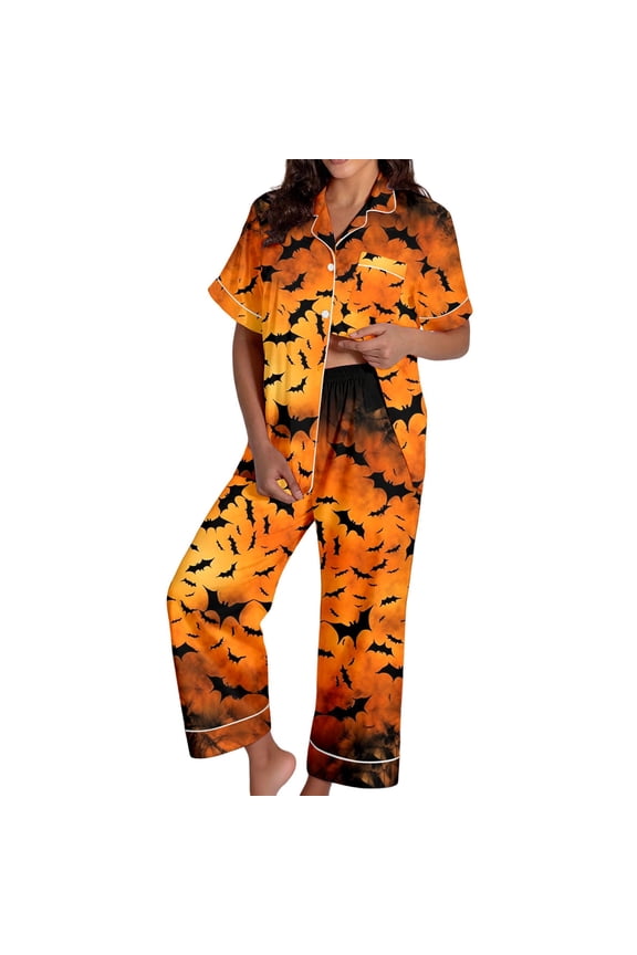 Womens Pajama Sets Halloween Silk Satshort Sleeve Button Up Top Shorts Comfortable Fall Winter Sleepwear Loungewear Nightwear Nightclothes Homewear