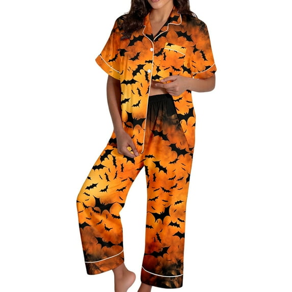 Womens Pajama Sets Halloween Silk Satshort Sleeve Button Up Top Shorts Comfortable Fall Winter Sleepwear Loungewear Nightwear Nightclothes Homewear