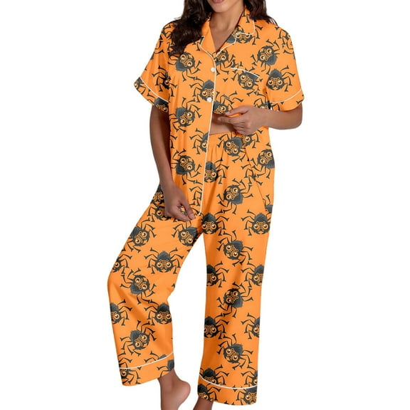 Womens Pajama Sets Halloween Silk Satshort Sleeve Button Up Top Shorts Comfortable Fall Winter Sleepwear Loungewear Nightwear Nightclothes Homewear
