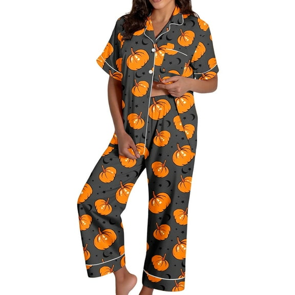 Womens Pajama Sets Halloween Silk Satshort Sleeve Button Up Top Shorts Comfortable Fall Winter Sleepwear Loungewear Nightwear Nightclothes Homewear