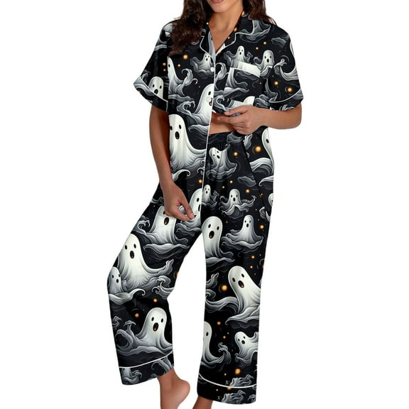 Womens Pajama Sets Halloween Silk Satshort Sleeve Button Up Top Shorts Comfortable Fall Winter Sleepwear Loungewear Nightwear Nightclothes Homewear