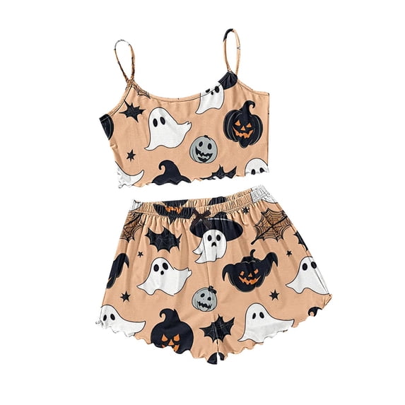 Womens Pajama Sets Halloween Skeleton Print Lettuce Trim Short Sleeve 2pc Outfit Halloween Pajamas for Women Set Beige L