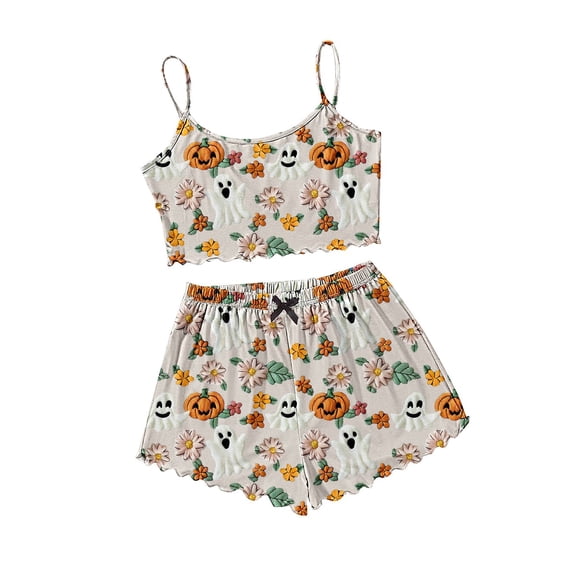 Womens Pajama Sets Halloween Skeleton Print Lettuce Trim Short Sleeve 2pc Outfit Halloween Pajamas for Women Set White L