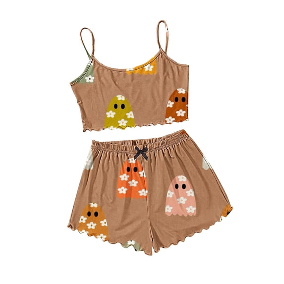 Womens Pajama Sets Halloween Skeleton Print Lettuce Trim Short Sleeve 2pc Outfit Halloween Pajamas for Women Set Yellow L