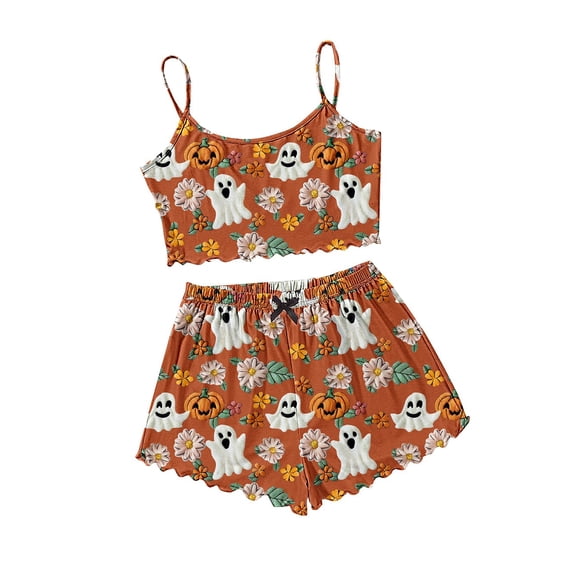 Womens Pajama Sets Halloween Skeleton Print Ruffle Edge Short Sleeve Top Shorts Set Halloween Pajamas for Women Set Orange L
