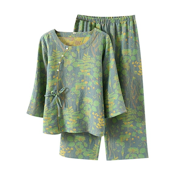 Womens Pajama Sets Jacquard Pajamas Slanted Collar 3/4 Sleeve 9/10 Pants Set Sleepwear Loungewear Nightwear Nightclothes Homewear