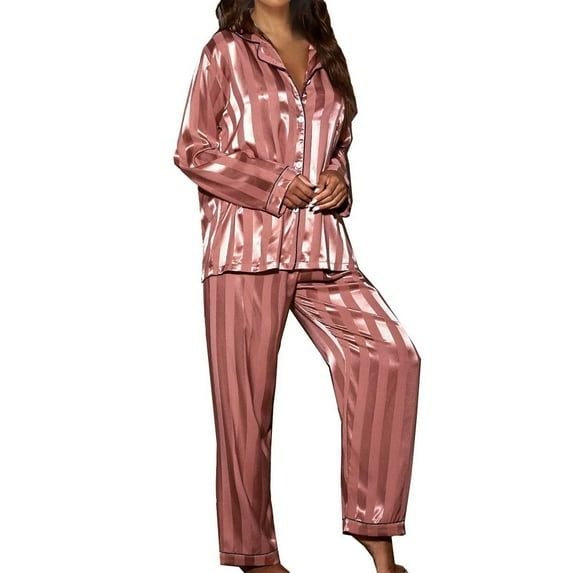 Womens Pajama Sets Lapel Button up Long Sleeve Shirts Loose Full Length Pants Fashion Solid Sleepwear Loungewear(Hot Pink,M)