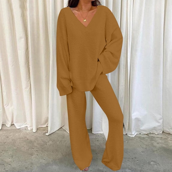 Womens Pajama Sets Long Sleeve,Women Two Piece Outfits V Neck Solid Color Tops with High Waist Pants Baggy Fall Winter Warm Pajama Set