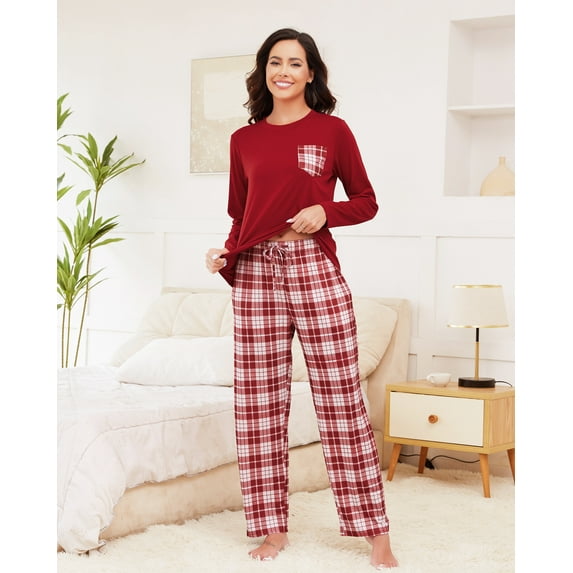 Womens Pajama Sets Long Sleeve and Plaid Pants Round Neck Soft Sleepwear for Women 2 Piece Womens Loungewear Sets with Pockets, Sizes S to XXL