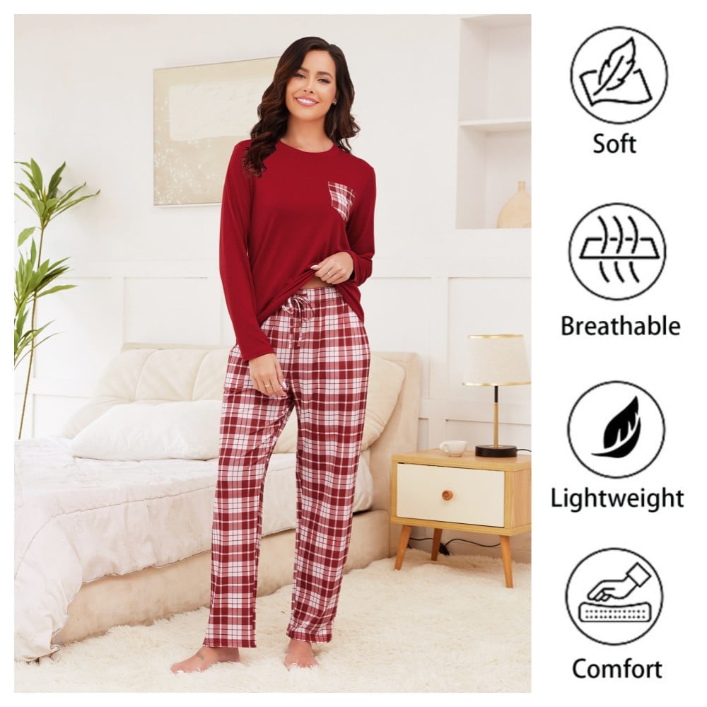 Womens Pajama Sets Long Sleeve and Plaid Pants Round Neck Soft ...