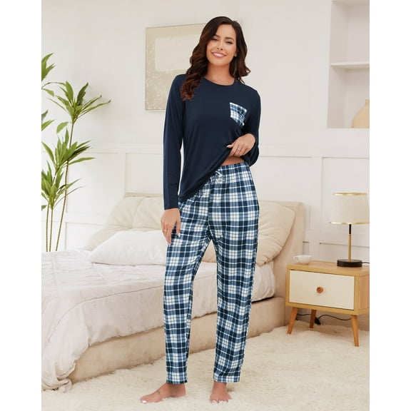 Womens Pajama Sets Long Sleeve and Plaid Pants Round Neck Soft Sleepwear for Women 2 Piece Womens Loungewear Sets with Pockets, Sizes S to XXL