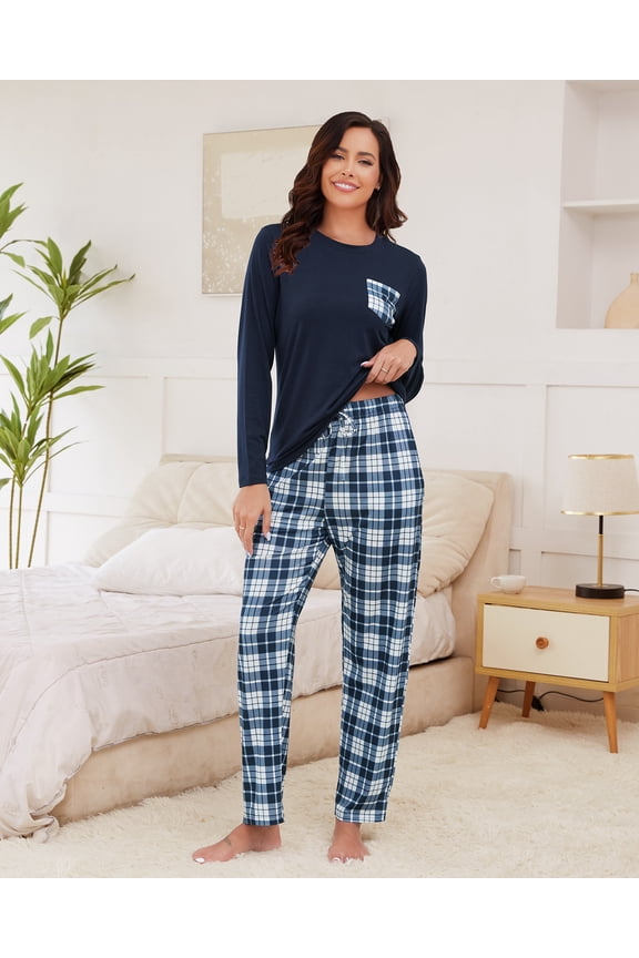 Womens Pajama Sets Long Sleeve and Plaid Pants Round Neck Soft Sleepwear for Women 2 Piece Womens Loungewear Sets with Pockets, Sizes S to XXL