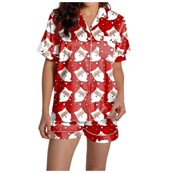 Womens Pajama Sets – Lounge for Women Two Piece Pajamas Set with Long Sleeves Spring or Travel Wear Women's Casual Christmas Print Silk Satin Short Sleeve Button Up Top And Shorts