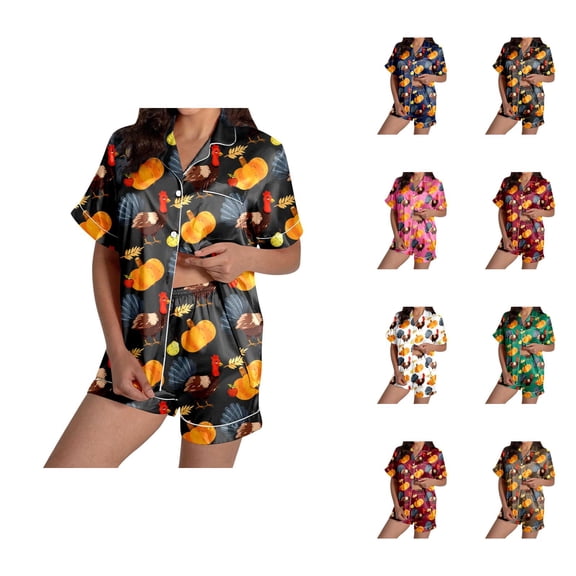 Womens Pajama Sets – Modal Loungewear & Button Up Pajamas for Women Ladies' Thanksgiving Turkey Print Pajama Shorts Set 2024