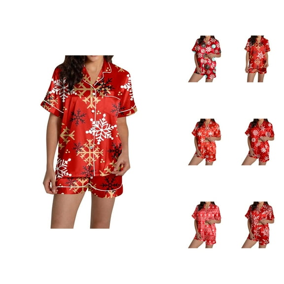 Womens Pajama Sets – Modal Loungewear & Button Up Pajamas for Women Women's Snowflake Print Short Sleeve & Shorts Pajama Set For Christmas