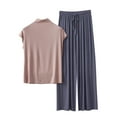 thumbnail image 1 of Womens Pajama Sets New Pajamas for Women 2 Piece Set Casual Mock Neck Tops and Flowy Pants Sleepwear Soft Comfy Cap Sleeve Lounge Set Khaki M, 1 of 5
