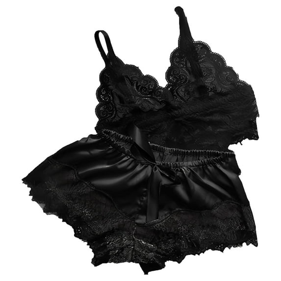 Womens Pajama Sets New Womens Floral Lace Pajamas Set Sleepwear Cami Tops Bra and Panty 2 Piece Nightwear Pjs Loungewear Sets Style B-28 Black XXL