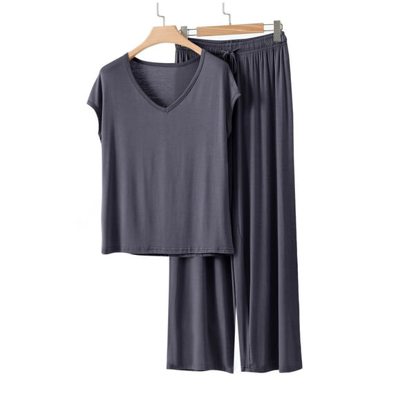 Womens Pajama Sets Oversized Solid Color Breathable Pajama Sets with Pants Casual Crew Neck Short Sleeve Sleepwear Summer Pajamas