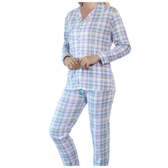 Womens Pajama Sets Plaid Print Lapel Long Sleeve Button Tops With Pants Loose Two Piece Pajamas For Women Set Sleepwear Daily-Wear,Purple,XXL