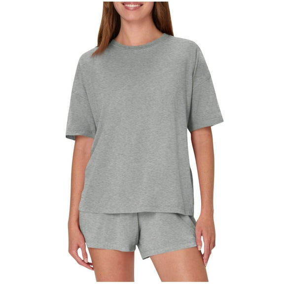 Womens Pajama Sets Plus Size Short Sleeve Crew Neck Sleepwear Sets Women Trendy Summer Casual Loose Fitness Daily Leisure Sweatsuits Gray XXL