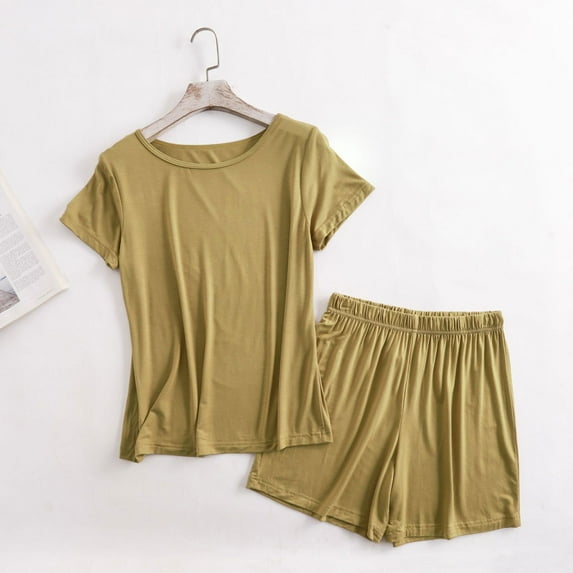Womens Pajama Sets Plus Size Solid Color Breathable Pajama Set Summer Crew Neck Short Sleeve Sleepwear with Shorts Summer Pajamas