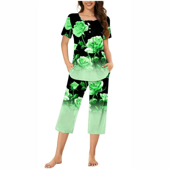 Womens Pajama Sets Plus Size,Women's Short Sleeve Sleepshirt And Pants Sets Loungewear Pajamas With Pockets on Clearance