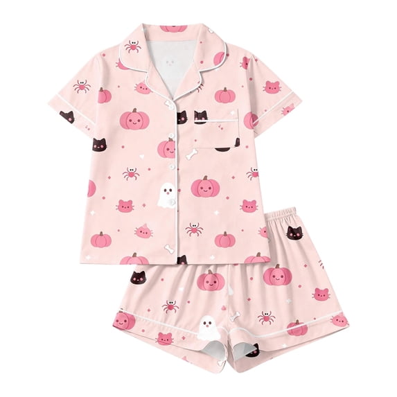 Womens Pajama Sets Satin Cozy Funny Pumpkin Print Fall Short‑Sleeve Halloween Pajamas for Women Set