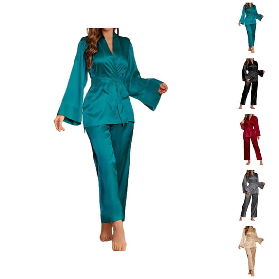 Womens Pajama Sets Satin Long Sleeve Kimono Robe and Pajama Pants 2 Piece Matching Pjs Set Sleepwear