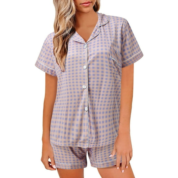 Womens Pajama Sets Satin Sexy Plaid Print Short Sleeve V Neck Shirt With Shorts Two Piece Women Pajamas & Loungewear Nightwear