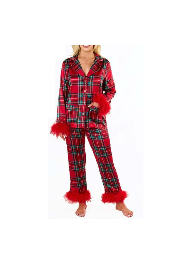 Womens Pajama Sets Sexy Feather Trim Long Sleeve Button Shirt Pants 2 Piece Pjs Plaid Graphic Sleepwear Loungewear