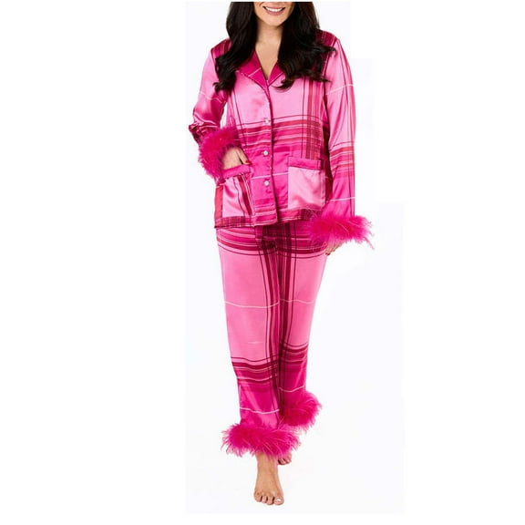 Womens Pajama Sets Sexy Feather Trim Long Sleeve Button Shirt Pants 2 Piece Pjs Plaid Graphic Sleepwear Loungewear