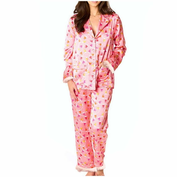 Womens Pajama Sets Sexy Feather Trim Long Sleeve Button Shirt Pants 2 Piece Pjs Plaid Graphic Sleepwear Loungewear