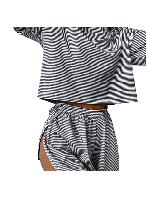 Womens Pajama Sets Sexy Lounge Sets Side Split Striped Short Pj Sets Cute Pjs 2 Piece Comfy Sleepwear Loungewear Nightwear Set Black S